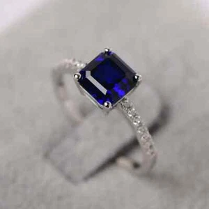 925 Sterling Silver Engagement Ring, Lab Created Blue Sapphire Birthstone Ring - Picture 1 of 6
