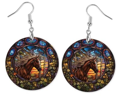 Pendientes colgantes de madera estampada redonda azul caballo vitral Foto 1 de 4