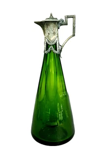 A1380 Jugendstil-Karaffe, grünes geschliffenes Glas, Zinn Mont.,Dat.1916, H=35cm - Picture 1 of 11