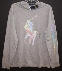 Camiseta Polo Ralph Lauren Para Hombres Gris Jaspeado Multicolor Logo de Poni L/S Nueva con Etiquetas Talla L - Imagen 1 de 4