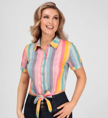 Collectif Rainbow полоски рубашка укороченный ретро 60-х вид размер 4 XS Sammy мечтательный новый - Изображение 1 из 4