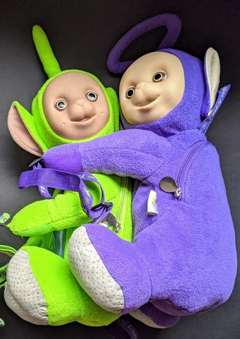 TWO Teletubbies Backpacks Tinky Winky + Dipsy 1998 Vintage Nineties Plushies Cover