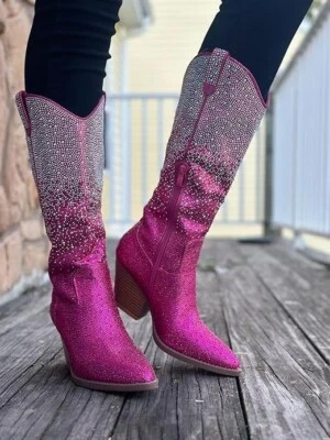 New Bling Rhinestone Crystal Cowboy Cowgirl Western Mid-Calf Knee-High Boots Zip - Image 1 of 2