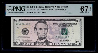 2006 $5 Dollar Star Note PMG 67 EPQ Serial # IA02481162* Federal Reserve Boston - Image 1 of 2
