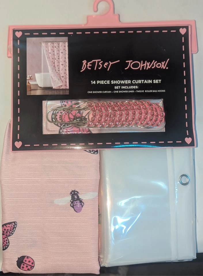 Betsey Johnson Pink Queen Bee, Lady Bug Shower Curtain 12 Hooks Liner Set - Image 1 of 1