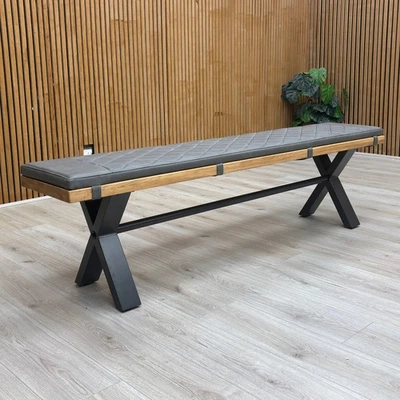 Furniture Village 'Earth Solid Oak 180cm Dining Bench + Grey Faux Leather Pad - Image 1 of 4