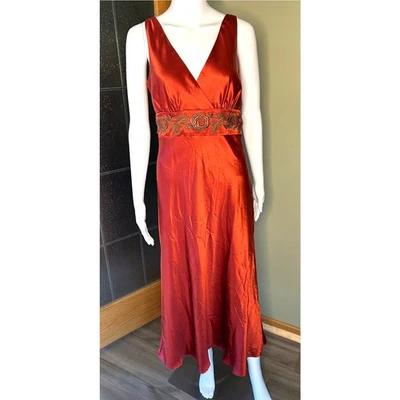 Vintage Y2K Silk Slip Dress Rust Newport News Midi V-Neck Lace Floral Sz 6 - Image 1 of 4