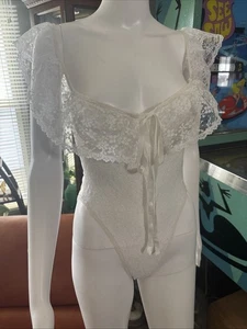 VTG Lingerie 80s 90s MALINI Medium USA White Bridal Lace Teddy HIGH CUT Stretch - Picture 1 of 17