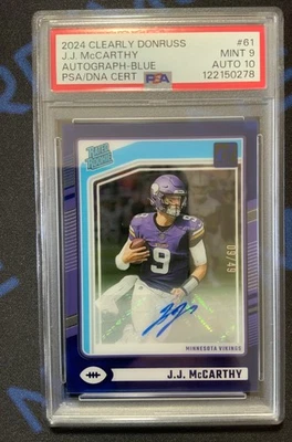 2024 Clearly Donruss J.J. McCarthy Rated Rookie Auto Blue /49 #61 PSA 9 Estado perfeito - Imagem 1 de 2