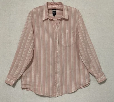 Blusa Gap Blanca y Rubor Rayas 100% Lino Botón Delantero Manga Larga Talla M Foto 1 de 4