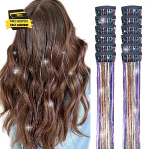 Hair Tinsel Clip in Pack of 12 Pcs Glitter Tinsel Hair Extensions 24 Inch Clip i - Picture 1 of 7