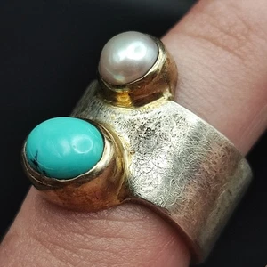 Modernist 925 Silber Ring handarbeit Türkis & Perle torquoise silber abstract - Bild 1 von 8