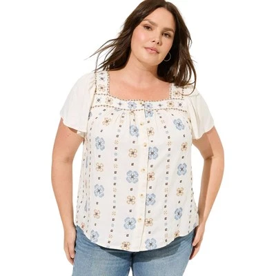 Top Torrid para mujer 1X azul crema floral bordado manga corta abotonada boho Foto 1 de 4