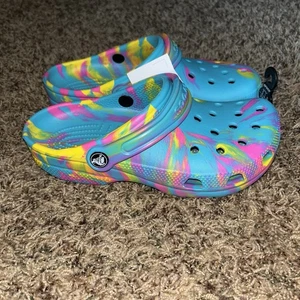 Crocs Classic Marbled Clogs Big Girls J5 Digital Aqua Multi Slip On Shoes 207464 - Picture 1 of 6