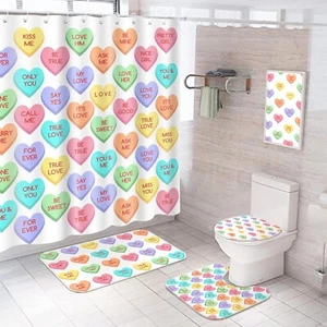 4-Piece Valentine's Day Shower Curtain Set with Non-Slip Rugs & Toilet Lid Cover - Picture 1 of 9