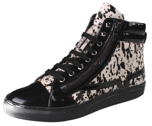 Versace Collection Black Pony Hair Patent Leather HI-Top Zip-Up Fashion Sneakers