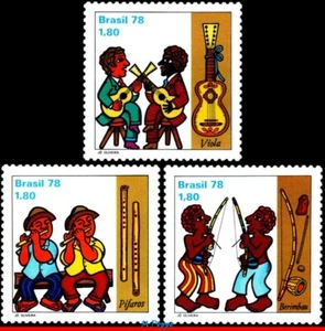 1568-70 BRAZIL 1978 FOLKLORE, MUSIC INSTRUMENTS, MUSICIANS, MI# 1662-64, SET MNH - Picture 1 of 2