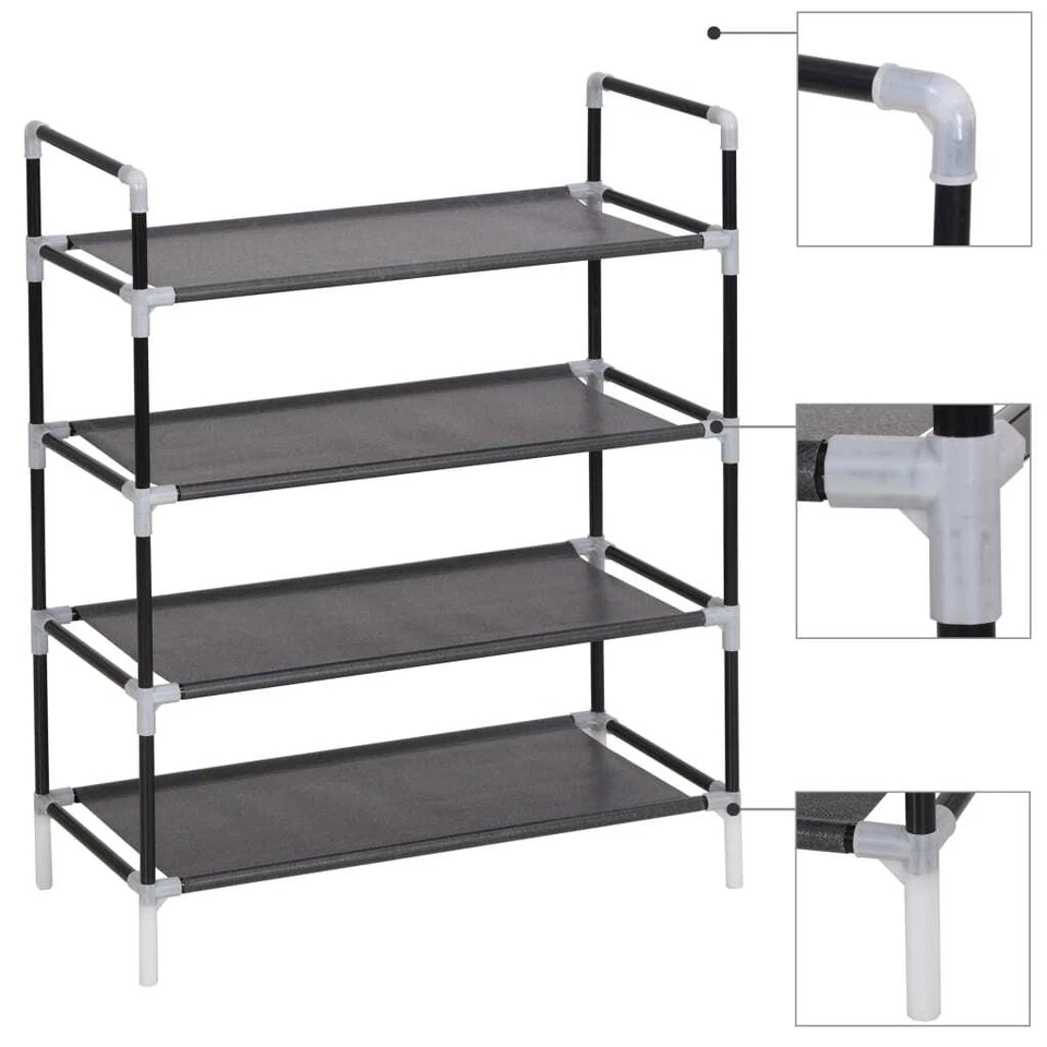 vidaXL Shoe Rack With 4 Shelves Metal and Non-woven Fabric Black Stand Unit