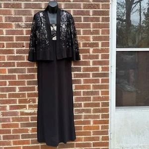 R&M Richards Womens Black Sequins Floral Lace Long Blouson Gown W/ Jacket Sz 14 - Picture 1 of 13