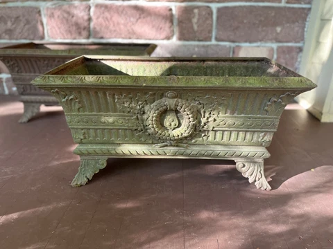 Antique Pair Of Cast Iron Large Trough Rectangular  Planters Cover