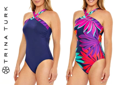 Trina Turk Standard Wailea Reversible High Neck One-Piece Swimsuit sz 4  $172 - Image 1 of 4