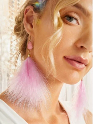 Fancy Pink Feather Earrings Hook Dangle Drop Long Delicate Fringe Earrings - Image 1 of 4