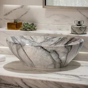 16" Oval Weiß Marmor Badezimmer Gefäß Waschbecken nur Keramikbecken Schüssel ohne Wasserhahn - Bild 1 von 7