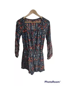 American Eagle Paisley Boho Navy Floral Romper Long Sleeve Shorts Women’s Small - Picture 1 of 11