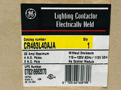 NEW GE CR463L40AJA Electrically Held Lighting Contactor 30A 4 Pole 110/120V Coil - Image 1 of 2