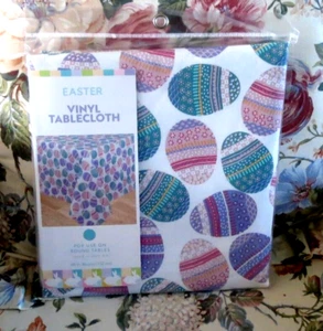 NIP Easter Vinyl Tablecloth Pastel Easter Eggs Round Table 60" White Multi Color - Picture 1 of 5