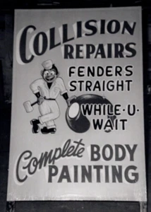 Lot of 2 Snapshot Photos Auto Body Shop Painting Advertising Sandwich Board U24 - Picture 1 of 5