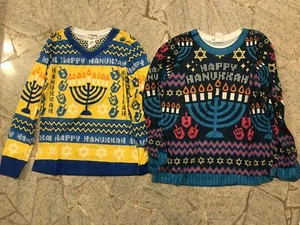 Faux Real Ugly Hanukkah Shirt Xmas Party Long Sleeves Funny Chanukah Patterns  - Picture 1 of 10
