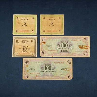 Lote de 5 billetes de Italia ocupada Segunda Guerra Mundial 1943 - Envío gratuito EE. UU. Foto 1 de 3