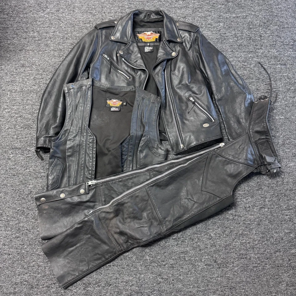 Conjunto de chaqueta, gorras y chaleco de moto de cuero Harley Davidson vintage para mujer talla M Foto 1 de 4