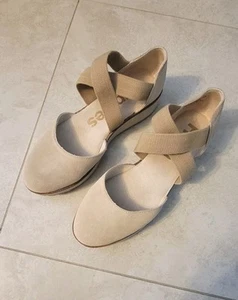 Hush Puppies Women's Emma Cross Tan Suede Ankle Strap Wedges, Size 9 - Picture 1 of 9