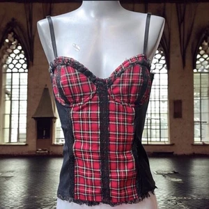 Y2K Lip Service Goth Red Black Plaid Bustier Corset Top Satin Ribbon Lace Up Med - Picture 1 of 14