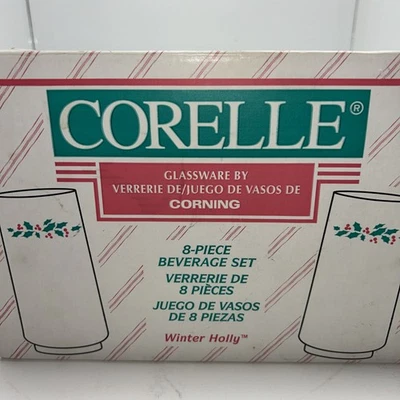 VTG Corelle Christmas Winter Holly 8 Piece Glass Set 16 Oz Corning New in Box - Image 1 of 4