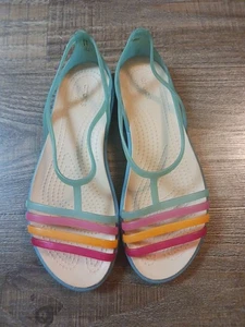 Crocs Isabella Island Green Rainbow Strappy Flats Size 8 - Picture 1 of 6