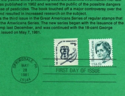 USPS FDC First Day Cover Souvenir Rachel Carson & 1 Cent Stamp Scott #1857 - Image 1 of 2