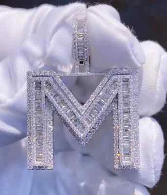 2.5Ct Round Real Moissanite Men's M Initial Pendant 14K White Gold Plated Silver - Image 1 of 3