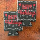 Christmas Koozie Can Cooler, Set of 2, "HAPPY HOLIDAYS, Red, Blk Insulator, Gift