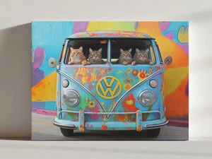 Cats In Colourful Retro Hippie Van Canvas Print, Cute Quirky Whimsical Fine Art - Picture 1 of 7
