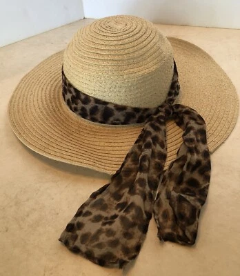 Vtg Women Beige Panama Straw Hat Wide Brim with animal print scarf accent - Image 1 of 4