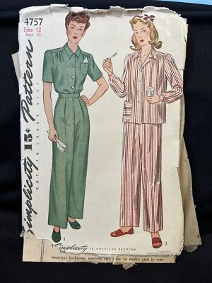 Vintage Simplicity Pattern 4757 WW2 Era Women’s Pajamas Cut Size 12 Bust 30 - Image 1 of 4