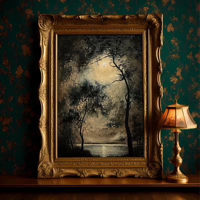 Pintura al óleo original luna llena gótica paisaje sobre lienzo arte impresionismo Foto 1 de 4