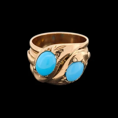 Edwardian 9ct Rose Gold Turquoise Double Snake Ring, Hallmarked Birmingham 1910 - Image 1 of 4