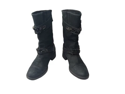Vera Wang Lavender Uma Black Leather Boots  Women's Size 6.5 Beads Accents - Image 1 of 4