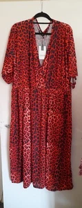 Curvewow, red/black Midi Dress Leopard print, plunge neck , Plus Size 34/36 - Picture 1 of 4