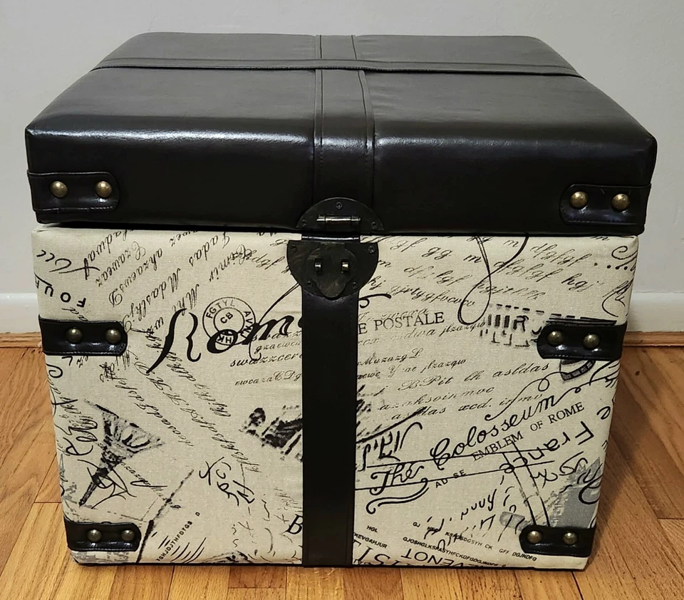 Faux Leather Ottoman Storage Cube Script Upholstered with Nail Heads Read Detail - Image 1 of 4