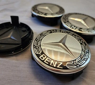 Set of 4 Mercedes Benz Center Caps Black 2.95 Inch/75mm Fits Most Models Foto 1 de 4